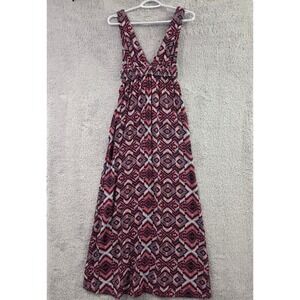 Forever 21 Maxi Dress Women Small Pink Geometric Tribal Print Boho V-Neck